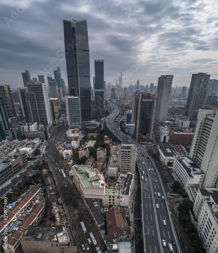 Aerial view of highway and buildings in West Yan`an road, Shanghai city on a cloudy day