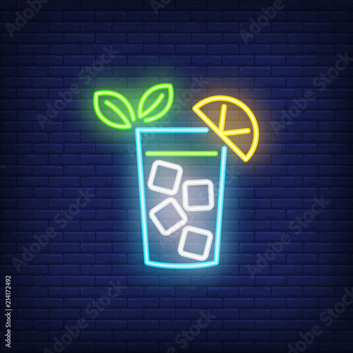 Neon icon of lemonade. Glass, lemon, ice, long drink, cocktail. Beverage concept. Can be used for signs, billboards, banners