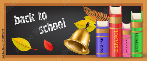 Back to school banner design with bell, textbooks, autumn leaves and chalkboard. Text can be used for signs, brochures, posters