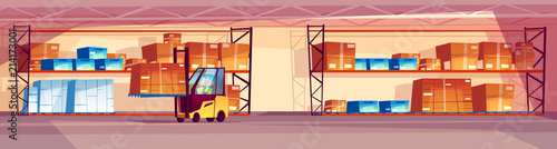 Warehouse vector illustration of logistics transport and industrial goods storage room. Cartoon background of parcel box on shelf and man driving forklift loader truck