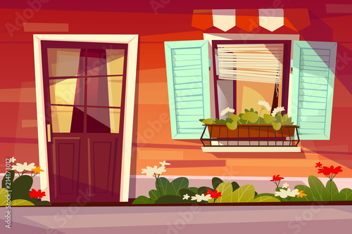House facade vector illustration of entrance door with glass and window shutter and awning. Cartoon background of wooden building front exterior with garden yard and flowers in pot
