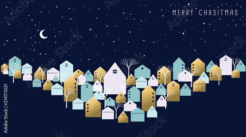 Merry christmas card of winter town on xmas eve