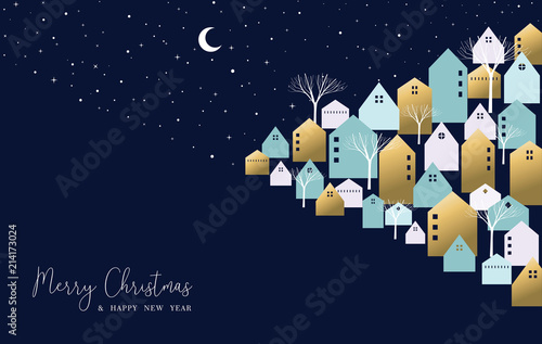 Christmas and New Year winter town greeting card