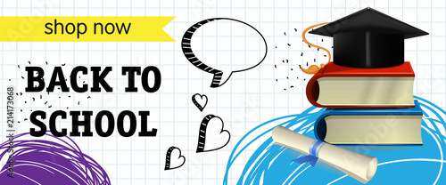 Back to school, shop now lettering with graduation cap. Offer or sale advertising design. Typed text, calligraphy. For leaflets, brochures, invitations, posters or banners.