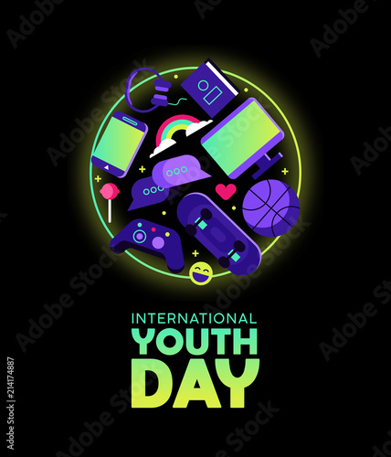 Youth Day card of fun teen hobby icons