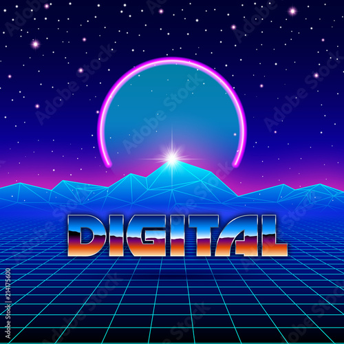 Retro styled futuristic landscape with neon arc