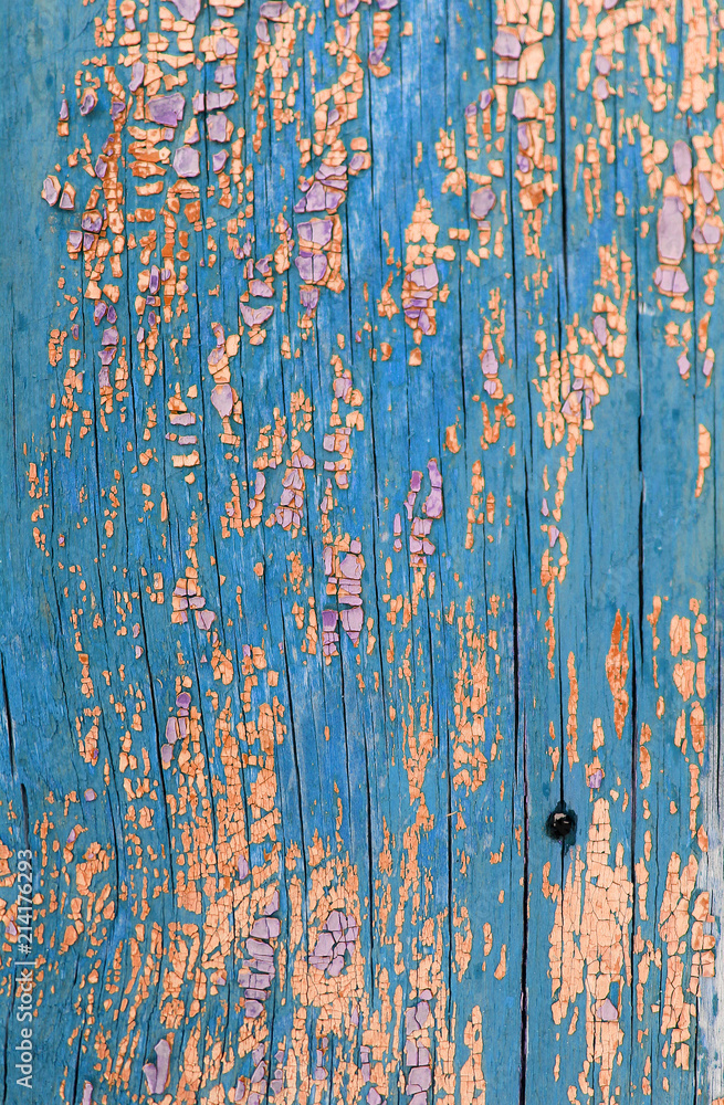 Old wooden background with remains of pieces of scraps of old paint on wood. Texture of an old tree, board with paint, vintage background peeling paint. old blue board with cracked pain