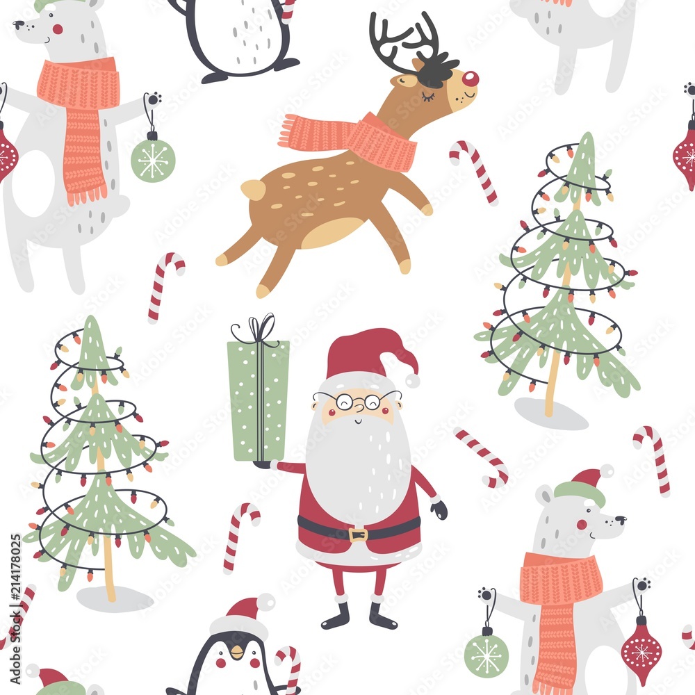 Cute winter seamless pattern with Santa Claus, bear, penguin, deer and christmas tree