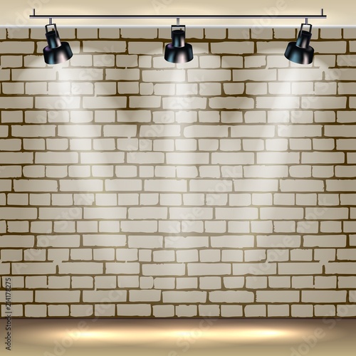 Spotlights realistic brick background for show contest or interview. Vector illustration