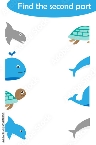 Find the second part of ocean animals for children, fun education game for kids, educational task for the development of logical thinking, preschool worksheet activity, vector illustration