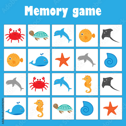 Memory game with pictures (ocean animals) for children, fun education game for kids, preschool activity, task for the development of logical thinking, vector illustration