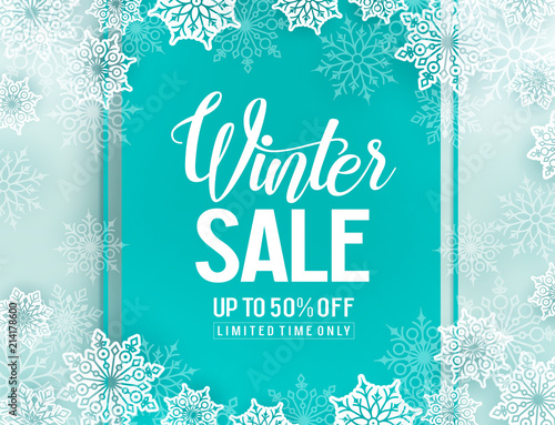 Winter sale vector background template with snowflakes elements and discount text in white snow background for seasonal shopping promotion. Vector illustration.
