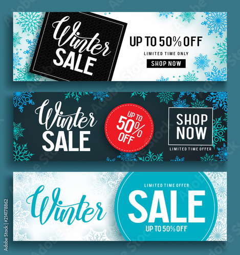 Winter sale vector banner set with sale text and snow background template in different colors for winter season discount promotion. Vector illustration.
