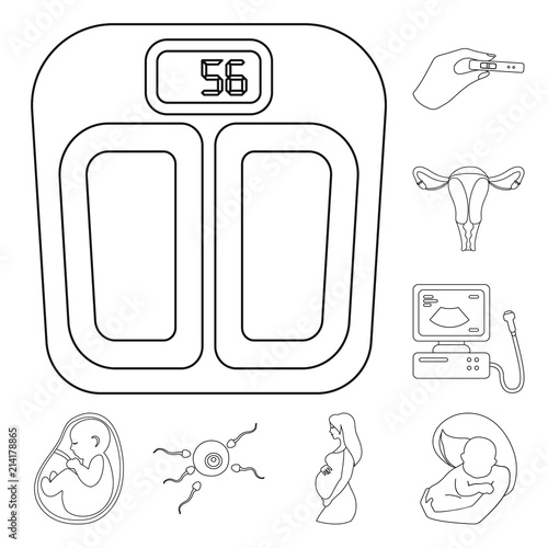 Woman and pregnancy outline icons in set collection for design. Gynecology and equipment vector symbol stock web illustration.