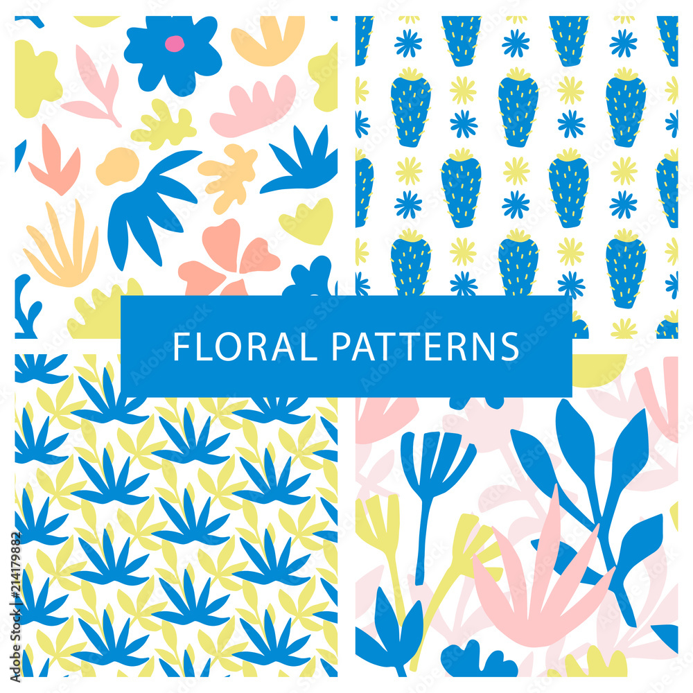 Set of hand drawn colorful floral seamless repeat patterns