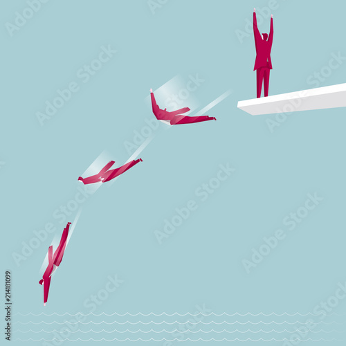 Businessman team diving, isolated on blue background.
