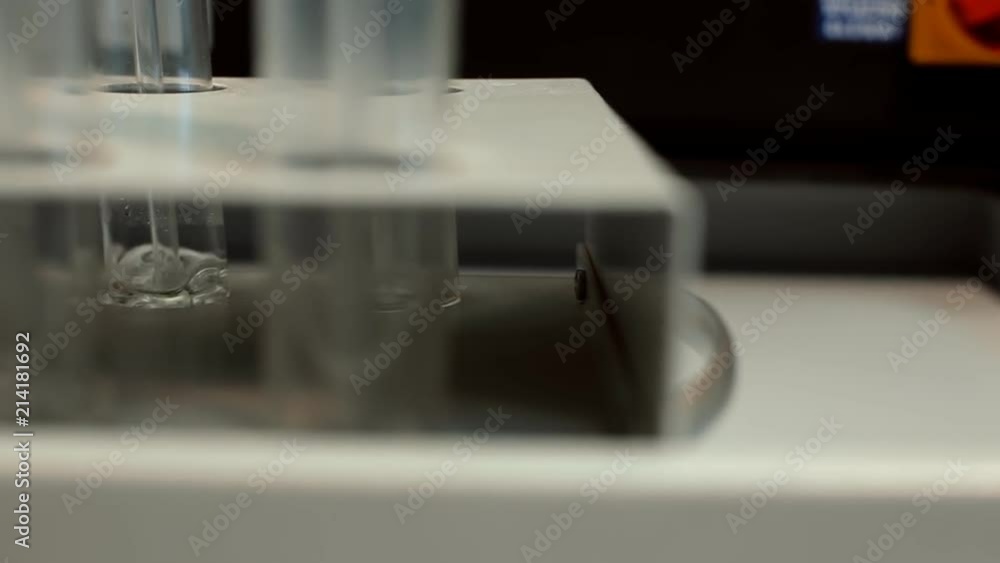 In a chemical laboratory glass tubes with a solution stand in a rack. In two test tubes, gas bubbles In a chemical laboratory glass tubes with a solution stand in a rack. In two test tubes, gas bubbles