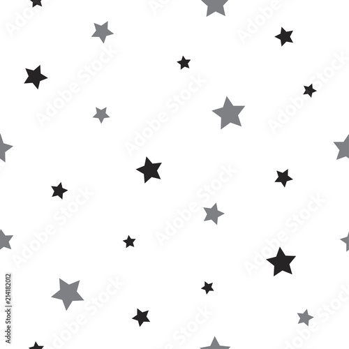 Seamless abstract pattern with little sharp black and grey stars on white background. Vector illustration.
