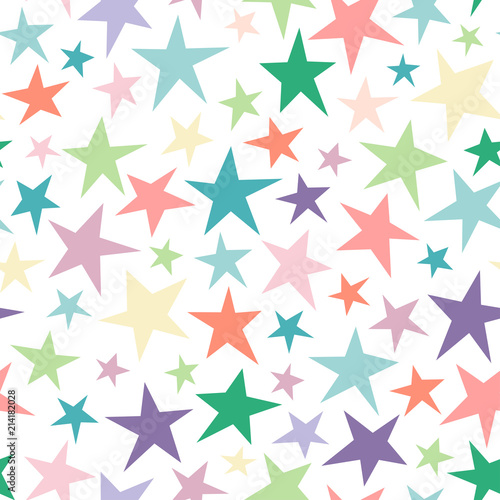 Seamless abstract pattern with bright colorful hand drawn shabby stars of different size on white