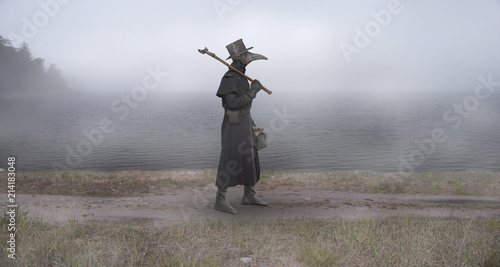 Reconstruction of the medieval scene: the plague doctor on the way