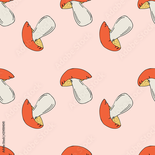 Vector seamless pattern of mushrooms. Hand drawn illustration.