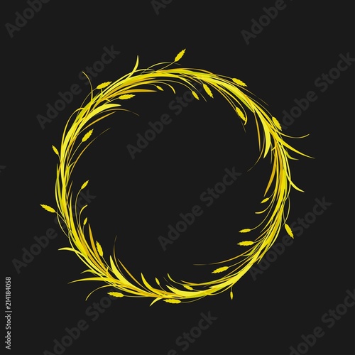 Round wreath or crown with gold and brown ears of wheat, barley or rye and blades of grass.
