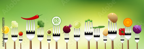 Vegetables on forks isolated on natural background , healthy food concept , vector , illustration