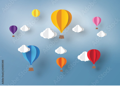 Ballon and Cloud in the  blue sky with paper art design , vector design element  and illustration