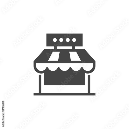 Market shop glyph icon. Kiosk, store, retail graphic pictogram. Street food or cafe concept black flat label. Logo of commercial market place. Vector illustration isolated on white