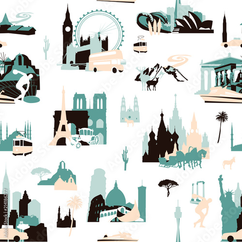 Euro-trip. Seamless pattern with miniatures of sights of European cities.