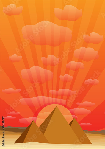 egypt desert with pyramid at sunset