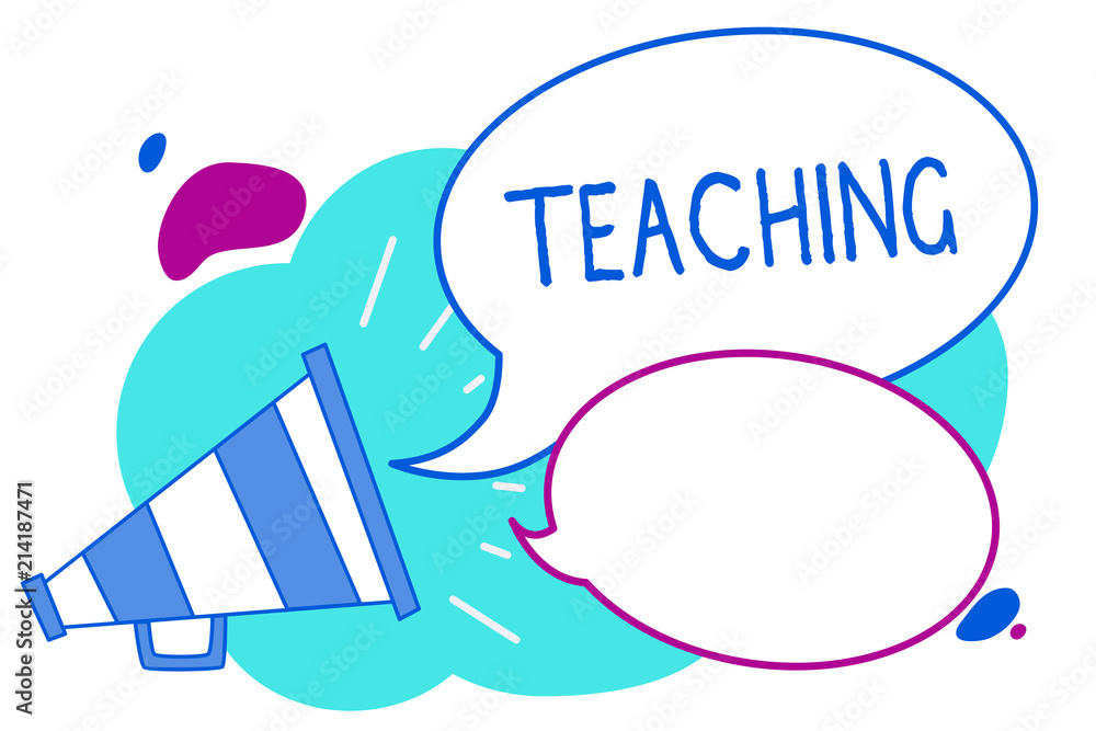 Conceptual hand writing showing Teaching. Business photo text Act of giving information, explaining one subject to a person Megaphone loudspeaker loud screaming idea talking speech bubbles.