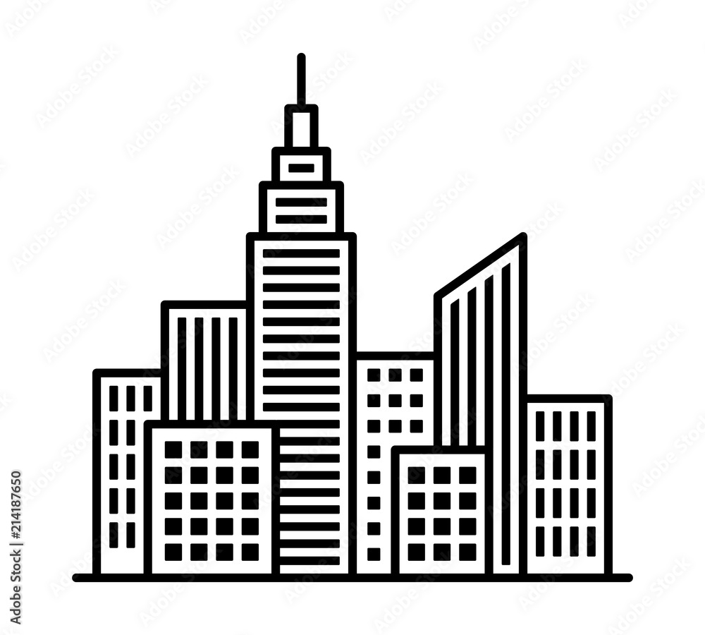 City metropolis skyline with tall buildings and high rises line art vector icon for apps and websites