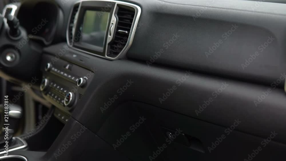 Dolly Interior of a modern car, close up of the dashboard and the board computer Dolly Interior of a modern car, close up of the dashboard and the board computer