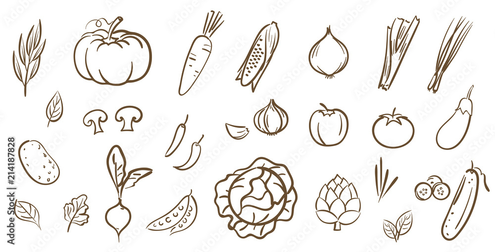 Mix vegetables collection, cute line art vector illustration in cartoon style