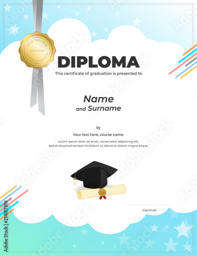 Kids Diploma or certificate template with colorful background