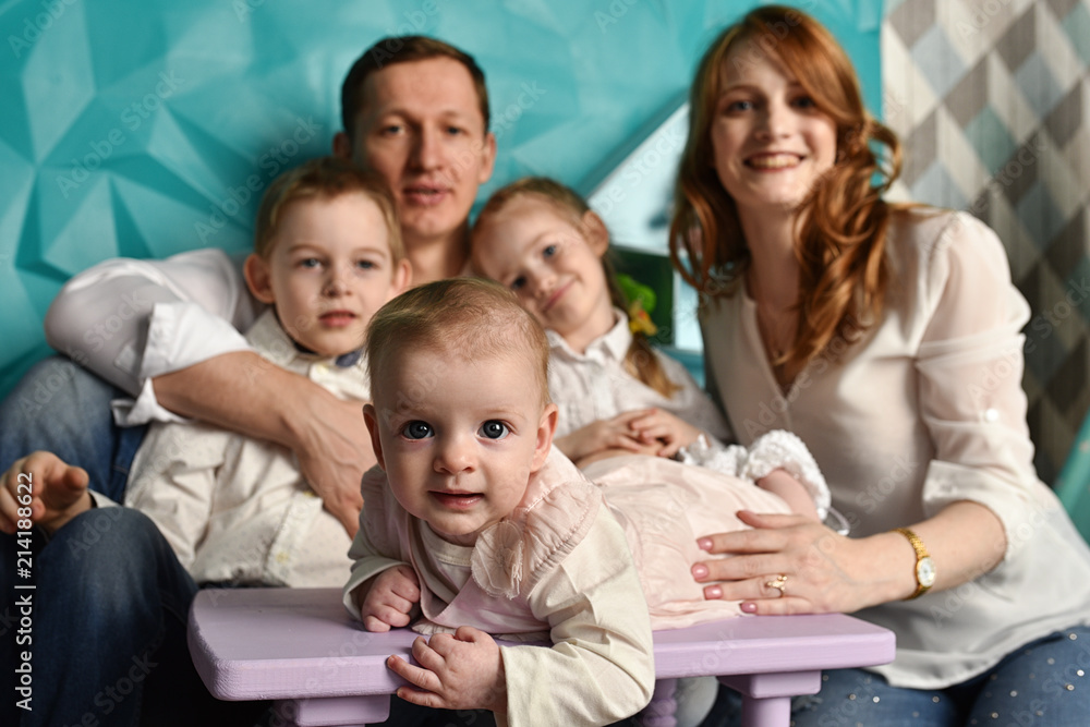 red hair family in house