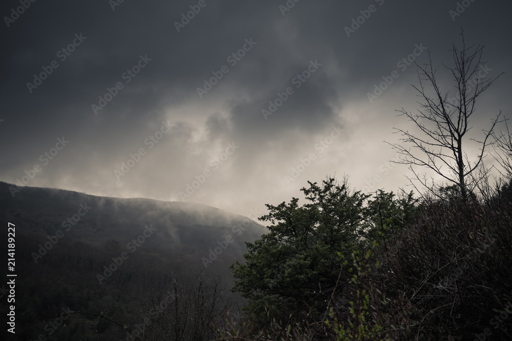 Dark mountain landscape with fog Dark mountain landscape with fog