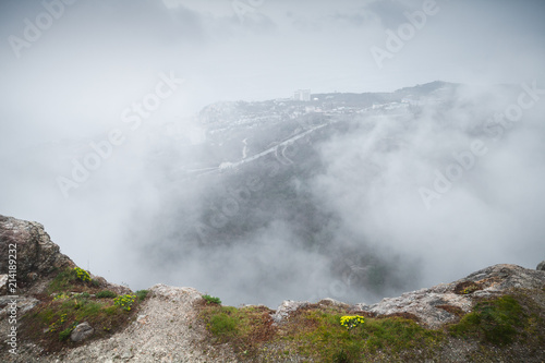 Foggy mountain landscape of Foros rocks