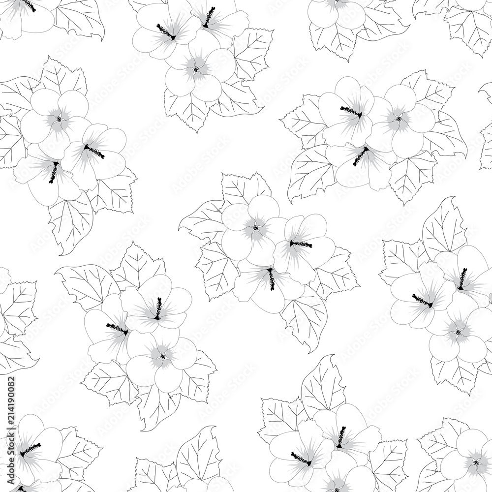 Fototapeta premium Hibiscus syriacus Flower Outline - Rose of Sharon Seamless Background