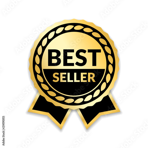 Ribbon award best seller. Gold ribbon award icon isolated white background. Bestseller golden tag sale label, badge, medal, guarantee quality product, business certificate. Vector illustration