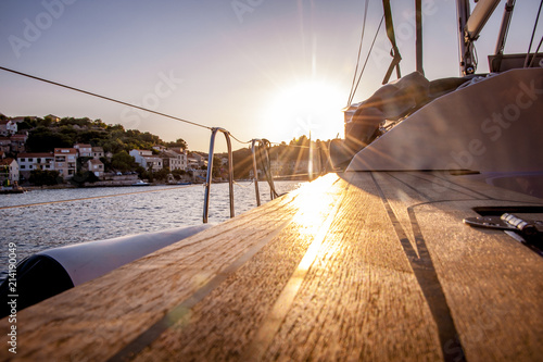 Detail of sailboat during the sunset at Vela Luka harbor on the island of Korčula in Croatia. photo
