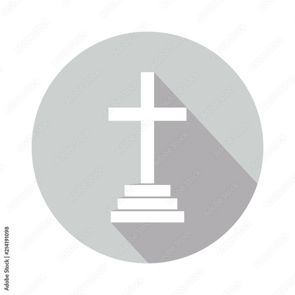 Simple cross tombstone in a gray circle on a white background