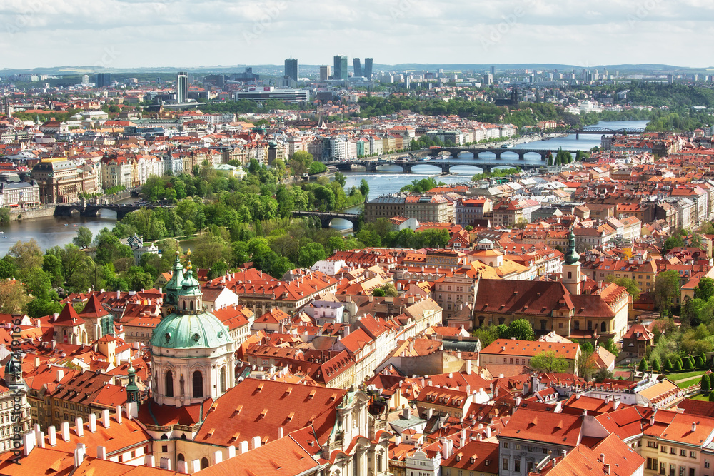Obraz premium Aerial view to the beautiful historic center of Prague and Vltava river