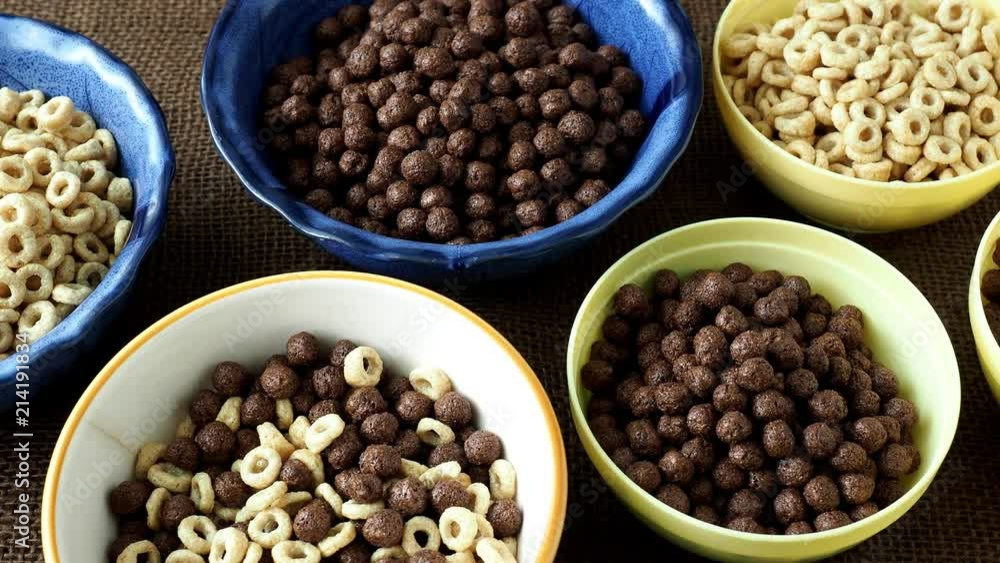 Set of various cereal bowl for breakfast. Corn rings with chocolate and cereal. Set of various cereal bowl for breakfast. Corn rings with chocolate and cereal.