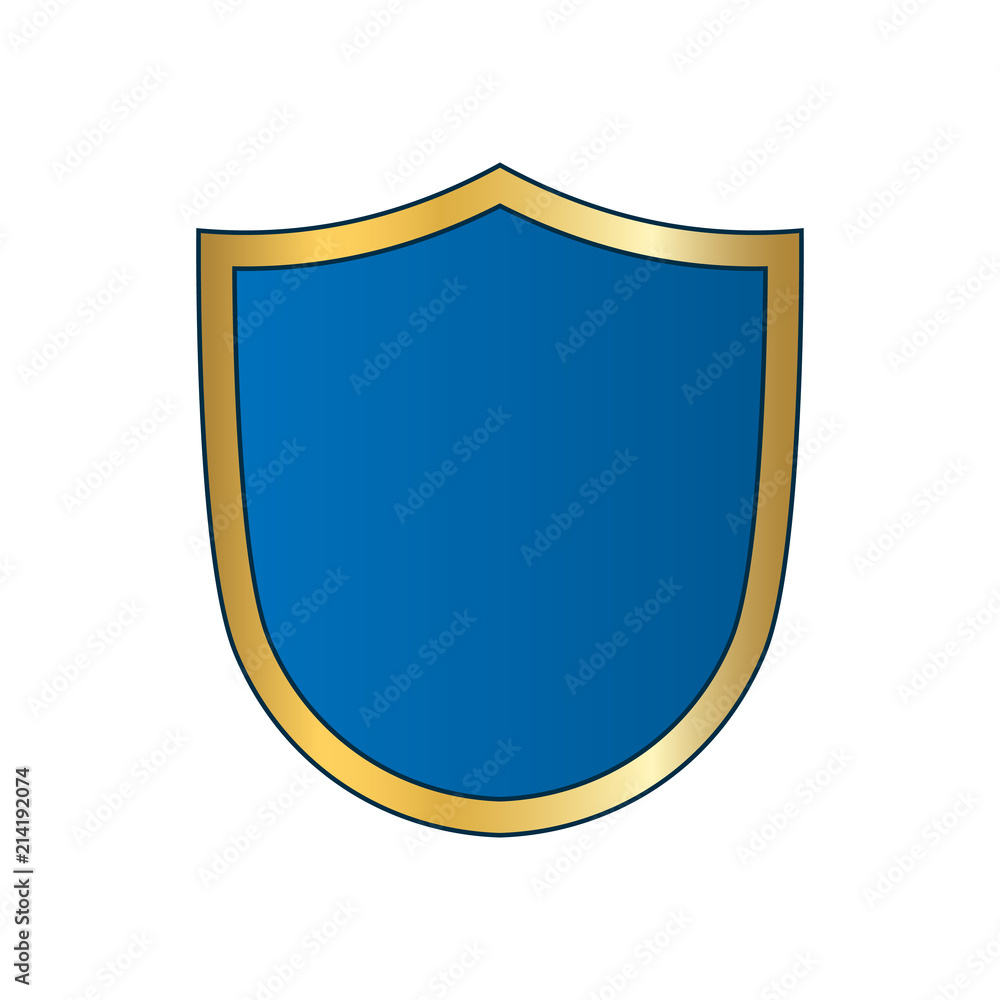 Gold-blue shield shape icon. Bright logo emblem metallic sign isolated on white background. Empty shape shield. Symbol of security, protection, defense. Shiny element design. Vector illustration Gold-blue shield shape icon. Bright logo emblem metallic sign isolated on white background. Empty shape shield. Symbol of security, protection, defense. Shiny element design. Vector illustration