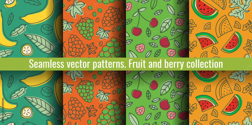 Seamless pattern set. Juicy fruit and berry collection. Banana, grape, cherry, watermelon. Hand drawn color vector sketch background. Colorful doodle wallpaper. Summer print Seamless pattern set. Juicy fruit and berry collection. Banana, grape, cherry, watermelon. Hand drawn color vector sketch background. Colorful doodle wallpaper. Summer print