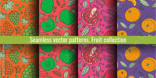 Seamless pattern set. Juicy fruit and berry collection. Grape, apple, garnet, mandarin, pomegranate, tangerine. Hand drawn color vector sketch background. Colorful doodle wallpaper. Summer print