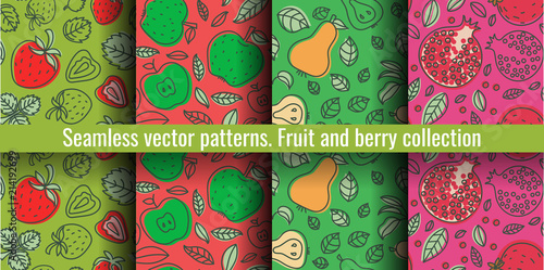 Seamless pattern set. Fruit and berry collection. Strawberry, apple, pear, garnet, pomegranate. Hand drawn color vector sketch background. Colorful doodle wallpaper. Summer print