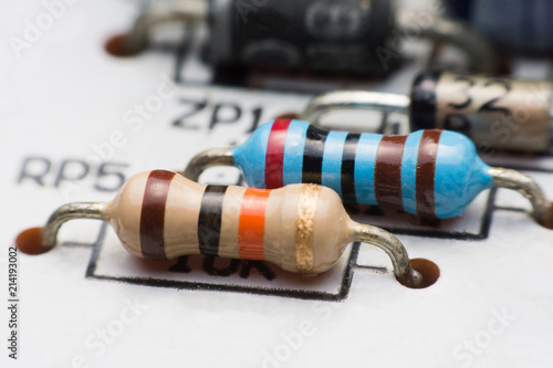 Vászonkép Resistor on circuit board close up. electronic hardware